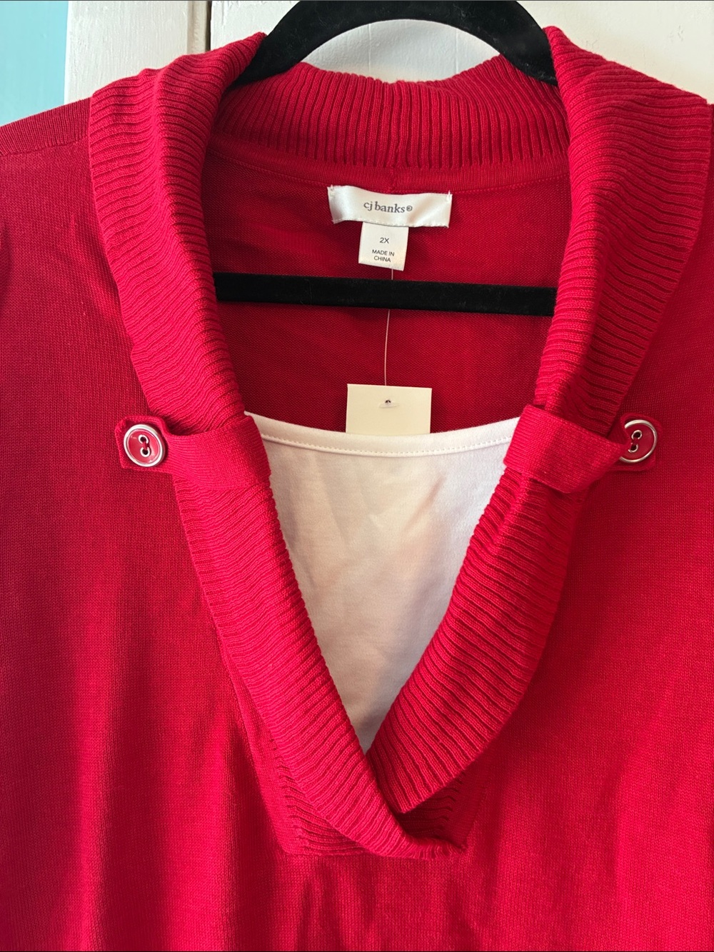 CJ Banks Red Shawl-Collar Button Accent Sweater